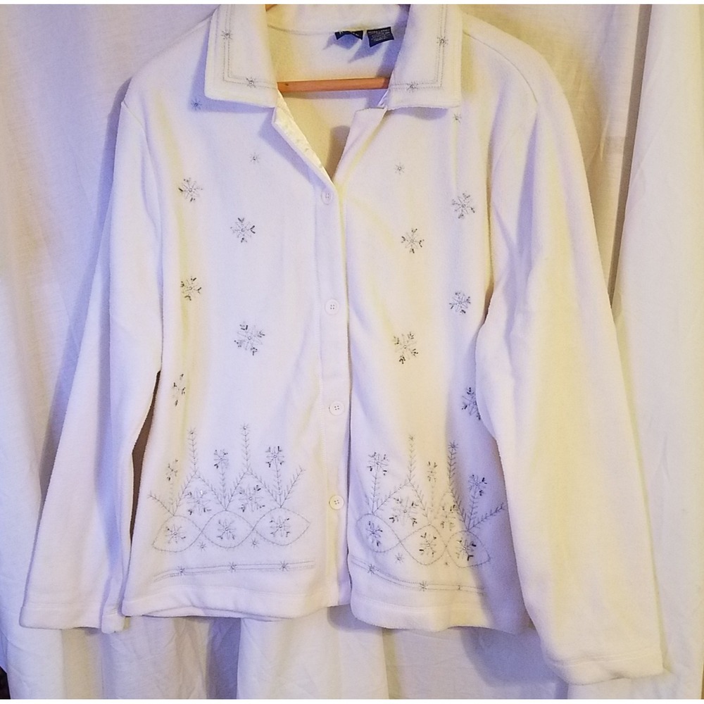 Basic Editions White Button Down Snowflake Holiday‎ Christmas Fleece Jacket Xl